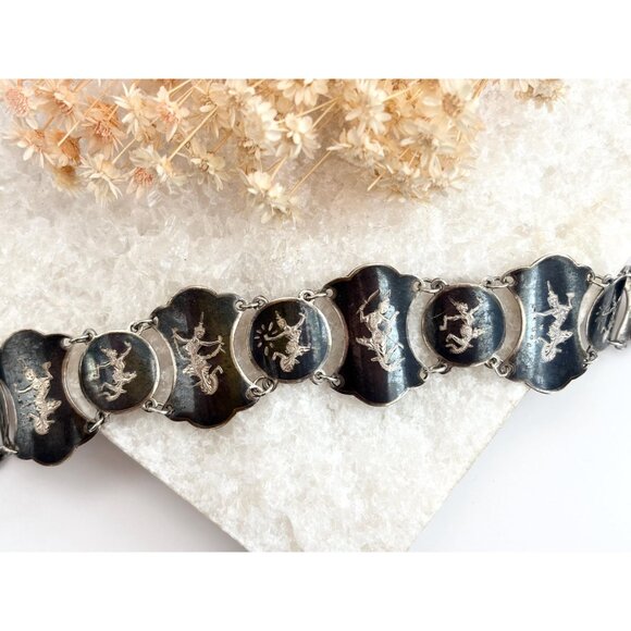 Rare Siam Sterling Silver Chainlink Paneled 30's 925 Vintage Chunky Bracelet - Picture 2 of 15